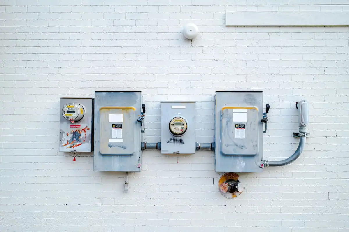 Contoare și tablouri electrice montate pe un perete de cărămidă albă
