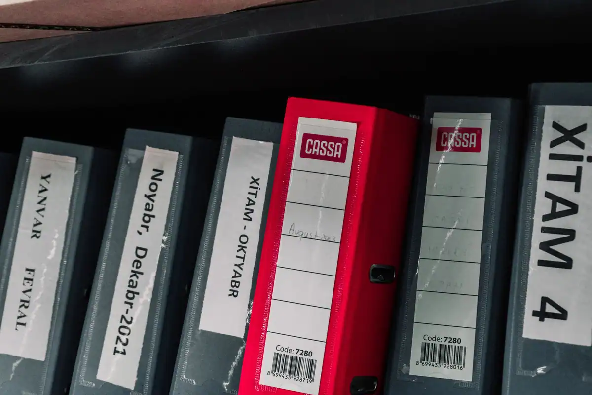 Bibliorafturi colorate și etichetate pe un raft de birou